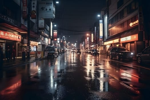 Tokyo streets at rainy night. Neural network generated in May 2023. Not based on any actual person, scene or pattern.