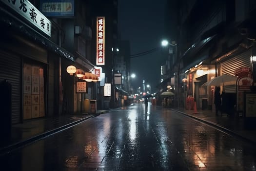 Tokyo streets at rainy night. Neural network generated in May 2023. Not based on any actual person, scene or pattern.