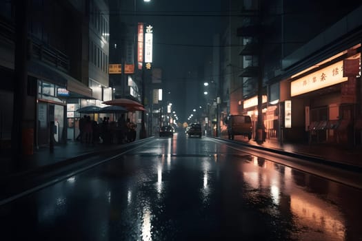 Tokyo streets at rainy night. Neural network generated in May 2023. Not based on any actual person, scene or pattern.