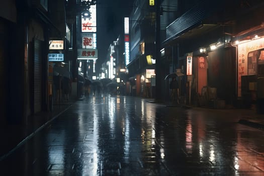 Tokyo streets at rainy night. Neural network generated in May 2023. Not based on any actual person, scene or pattern.