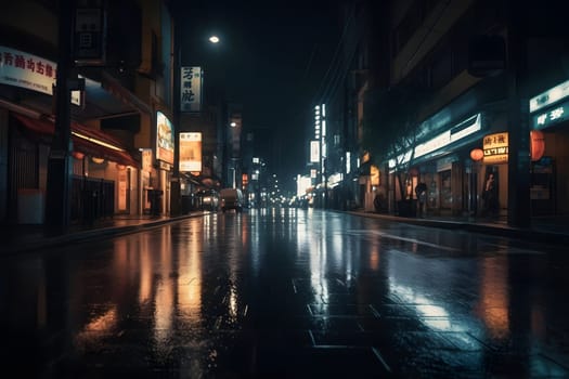 Tokyo streets at rainy night. Neural network generated in May 2023. Not based on any actual person, scene or pattern.