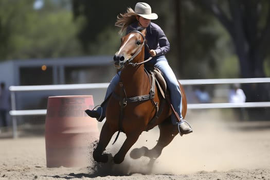 women horse barrel racing. Neural network generated in May 2023. Not based on any actual person, scene or pattern.