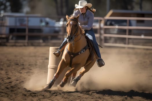 women horse barrel racing. Neural network generated in May 2023. Not based on any actual person, scene or pattern.