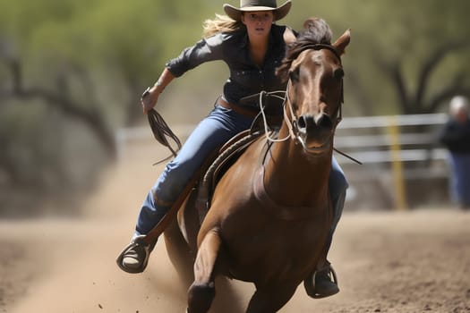 women horse barrel racing. Neural network generated in May 2023. Not based on any actual person, scene or pattern.