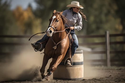 women horse barrel racing. Neural network generated in May 2023. Not based on any actual person, scene or pattern.