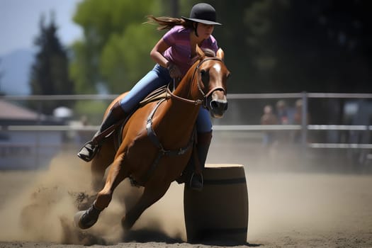 women horse barrel racing. Neural network generated in May 2023. Not based on any actual person, scene or pattern.