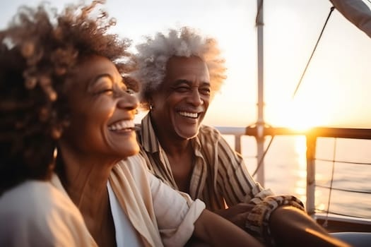 Beautiful and happy senior african american couple on a sailboat at sunset or sunrise. Neural network generated in May 2023. Not based on any actual person, scene or pattern.