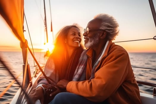 Beautiful and happy senior african american couple on a sailboat at sunset or sunrise. Neural network generated in May 2023. Not based on any actual person, scene or pattern.