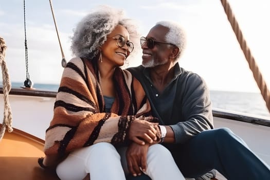 Beautiful and happy senior african american couple on a sailboat at day. Neural network generated in May 2023. Not based on any actual person, scene or pattern.