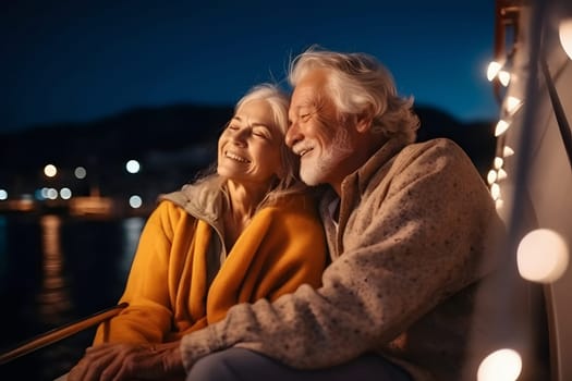 Beautiful and happy senior caucasian couple on a sailboat at night. Neural network generated in May 2023. Not based on any actual person, scene or pattern.