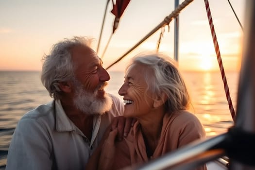 Beautiful and happy senior caucasian couple on a sailboat at sunset or sunrise. Neural network generated in May 2023. Not based on any actual person, scene or pattern.