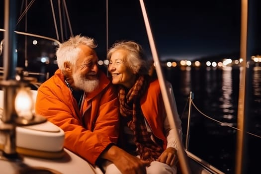 Beautiful and happy senior caucasian couple on a sailboat at night. Neural network generated in May 2023. Not based on any actual person, scene or pattern.