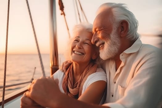 Beautiful and happy senior caucasian couple on a sailboat at sunset or sunrise. Neural network generated in May 2023. Not based on any actual person, scene or pattern.