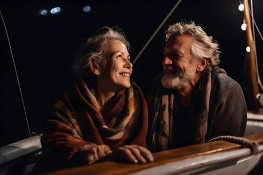 Beautiful and happy senior caucasian couple on a sailboat at night. Neural network generated in May 2023. Not based on any actual person, scene or pattern.