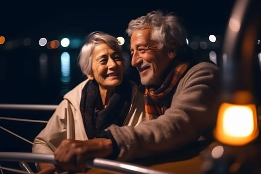 Beautiful and happy senior caucasian couple on a sailboat at night. Neural network generated in May 2023. Not based on any actual person, scene or pattern.