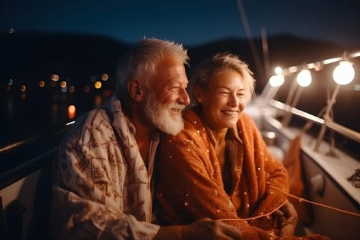 Beautiful and happy senior caucasian couple on a sailboat at night. Neural network generated in May 2023. Not based on any actual person, scene or pattern.