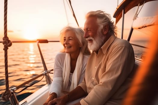 Beautiful and happy senior caucasian couple on a sailboat at sunset or sunrise. Neural network generated in May 2023. Not based on any actual person, scene or pattern.