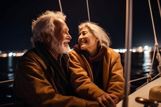 Beautiful and happy senior caucasian couple on a sailboat at night. Neural network generated in May 2023. Not based on any actual person, scene or pattern.