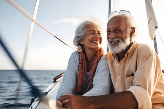 Beautiful and happy senior caucasian couple on a sailboat at sunny day. Neural network generated in May 2023. Not based on any actual person, scene or pattern.