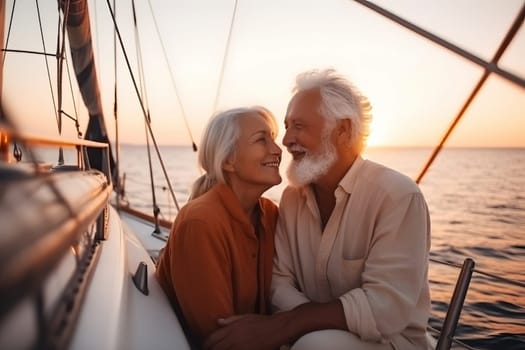 Beautiful and happy senior caucasian couple on a sailboat at sunset or sunrise. Neural network generated in May 2023. Not based on any actual person, scene or pattern.