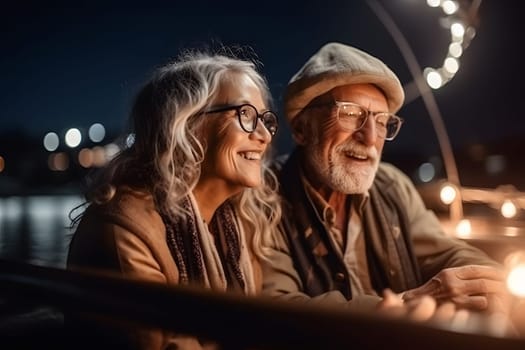 Beautiful and happy senior caucasian couple in glasses on a sailboat at night. Neural network generated in May 2023. Not based on any actual person, scene or pattern.