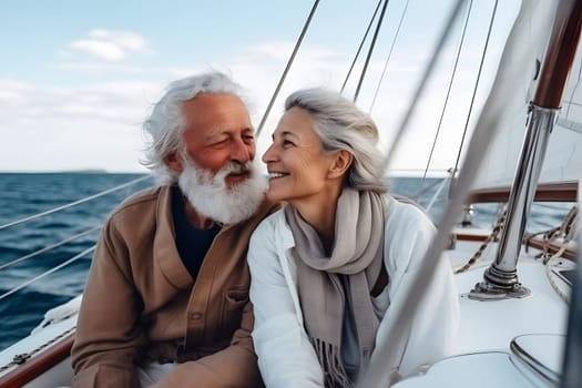 Beautiful and happy senior caucasian couple on a sailboat at sunny day. Neural network generated in May 2023. Not based on any actual person, scene or pattern.