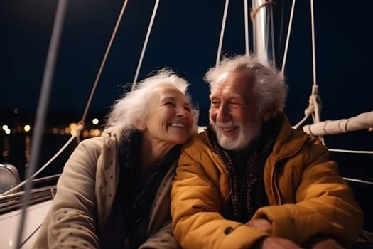 Beautiful and happy senior caucasian couple on a sailboat at night. Neural network generated in May 2023. Not based on any actual person, scene or pattern.