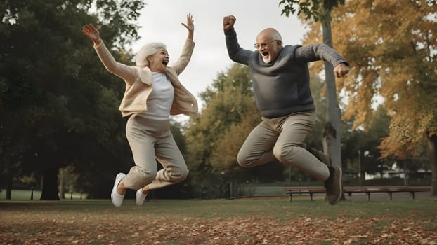 Happy senior couple jumping in the park at autumn day. Neural network generated in May 2023. Not based on any actual person, scene or pattern.