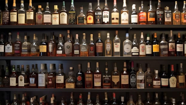 Liquor Store, Variety of Hard Liquor bottles on a shelfs - full frame background. Neural network generated in May 2023. Not based on any actual person, scene or pattern.