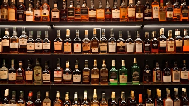 Liquor Store, Variety of Hard Liquor bottles on a shelfs - full frame background. Neural network generated in May 2023. Not based on any actual person, scene or pattern.