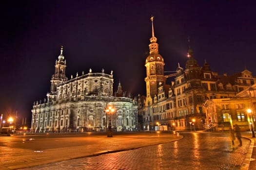 Dresden - Theaterplatz with Hofkirche,Residenzschloss and old guard at night