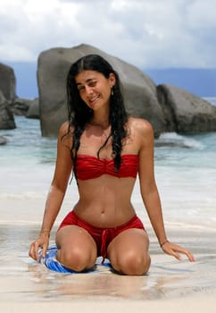 Seductive and also inviting view of the photographer on the secluded beach on Grand Soeur,Seychelles  -) What happened next? Shortly after the shoot it started to rain heavily  -))
