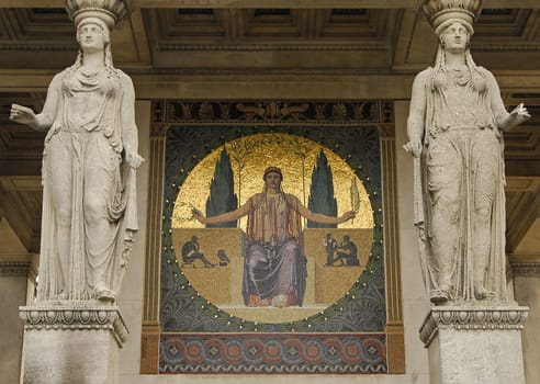 One of the four mosaic paintings on the Munich Angel of Peace on the theme "Blessing of Culture"" - standing for prosperity through peace after the war,here the west side"