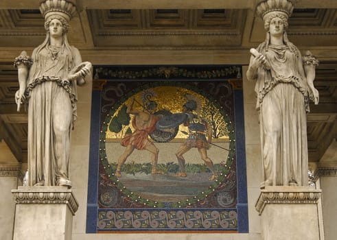 One of the four mosaic paintings on the Munich Angel of Peace on the theme "Blessing of Culture"" - standing for prosperity through peace after the war,here the north side"
