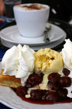 Waffle with cherries