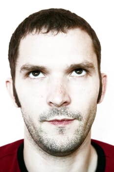 Man,unshaven,looking up