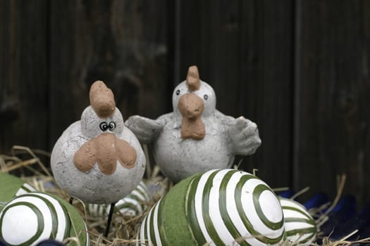 Ceramic chickens with ceramic eggs
