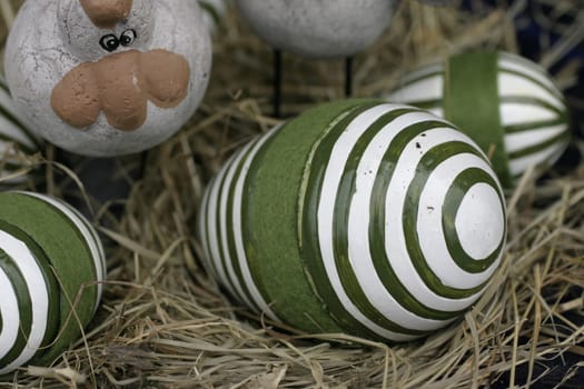 Ceramic chickens with ceramic eggs