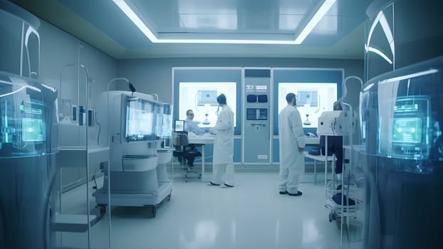 Two scientists in protective labcoats working in bio laboratory. Neural network generated in May 2023. Not based on any actual person, scene or pattern.
