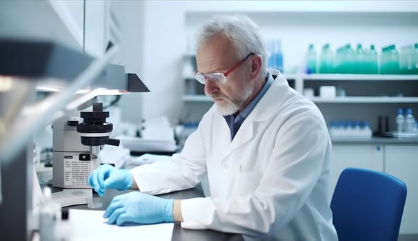 male scientist doing biochemical research in laboratory with microscope on table. Neural network generated in May 2023. Not based on any actual person, scene or pattern.