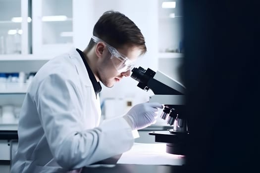 male scientist doing biochemical research in laboratory with microscope on table. Neural network generated in May 2023. Not based on any actual person, scene or pattern.