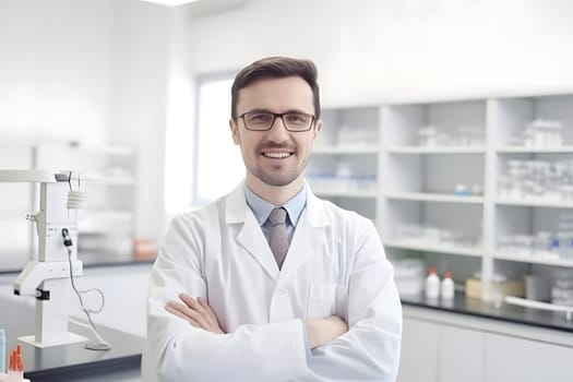 portrait of smiling male scientist in laboratory. Neural network generated in May 2023. Not based on any actual person, scene or pattern.