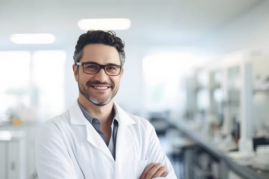 portrait of smiling male scientist in laboratory. Neural network generated in May 2023. Not based on any actual person, scene or pattern.