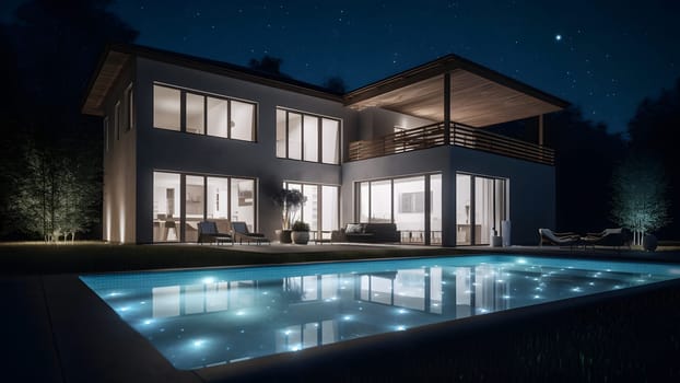 modern luxury house with a swimming pool at night. Neural network generated in May 2023. Not based on any actual person, scene or pattern.