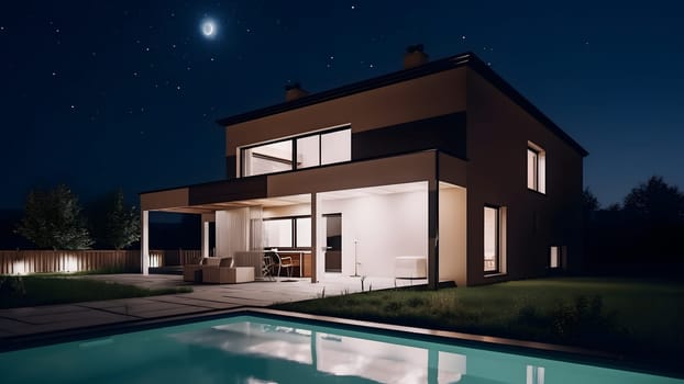 modern luxury house with a swimming pool at night. Neural network generated in May 2023. Not based on any actual person, scene or pattern.