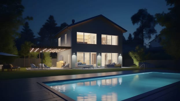 modern luxury house with a swimming pool at night. Neural network generated in May 2023. Not based on any actual person, scene or pattern.