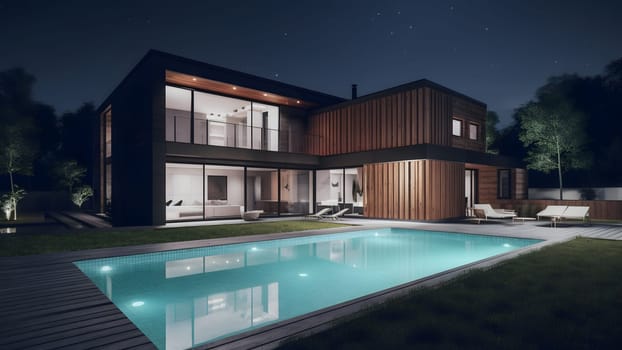modern luxury house with a swimming pool at night. Neural network generated in May 2023. Not based on any actual person, scene or pattern.