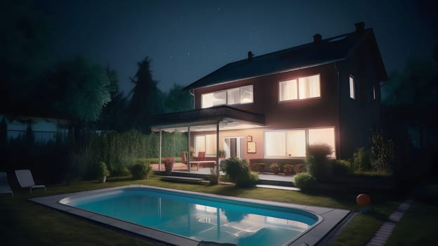 modern luxury house with a swimming pool at night. Neural network generated in May 2023. Not based on any actual person, scene or pattern.