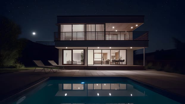 modern luxury house with a swimming pool at night. Neural network generated in May 2023. Not based on any actual person, scene or pattern.
