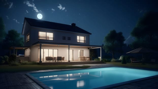 modern luxury house with a swimming pool at night. Neural network generated in May 2023. Not based on any actual person, scene or pattern.
